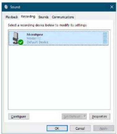 Sound Playback: Recording Sounds Communications Select a recording device below to modify its settings: Microphone Model 12 Default Device Configure Set Default Properties OK Cancel Apply
