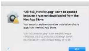 "US-1st Installer.pig" can't be opened because it was not downloaded from the Mac App Store. Your security preferences allow installation of only apps from the Mac App Store. "US-1st Installer.pig" is on the disk image "US-1st Installer.pig" is also displayed.