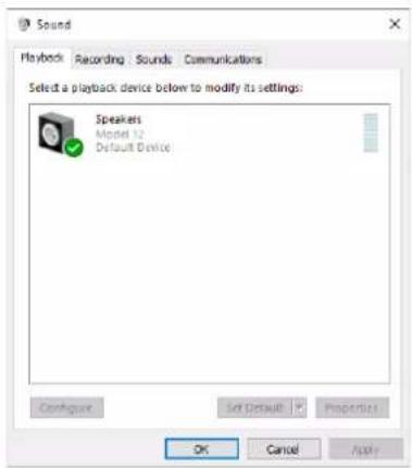 Sound Playback Recording Sounds Communications Select a playback device below to modify its settings: Speakers Model 12 Default Device Configure Set Default Properties OK Cancel Apply