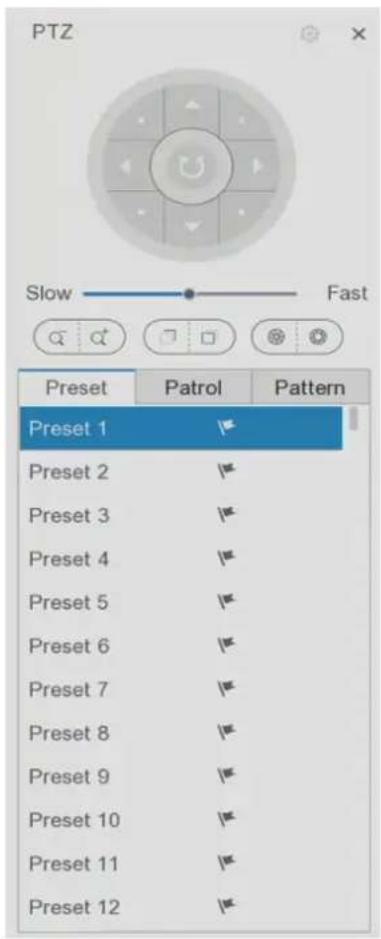 PTZ Slow — Fast Preset Patrol Pattern Preset 1 Preset 2 Preset 3 Preset 4 Preset 5 Preset 6 Preset 7 Preset 8 Preset 9 Preset 10 Preset 11 Preset 12