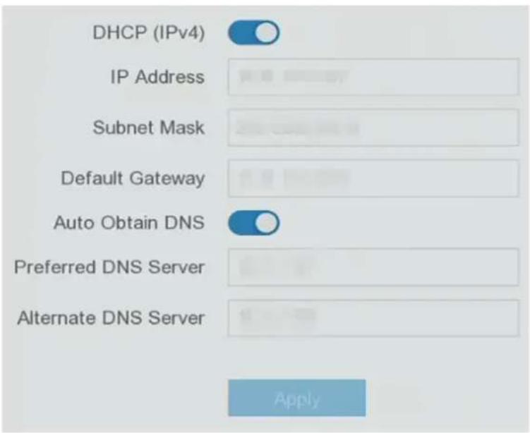 DHCP (IPv4) IP Address Subnet Mask Default Gateway Auto Obtain DNS Preferred DNS Server Alternate DNS Server Apply