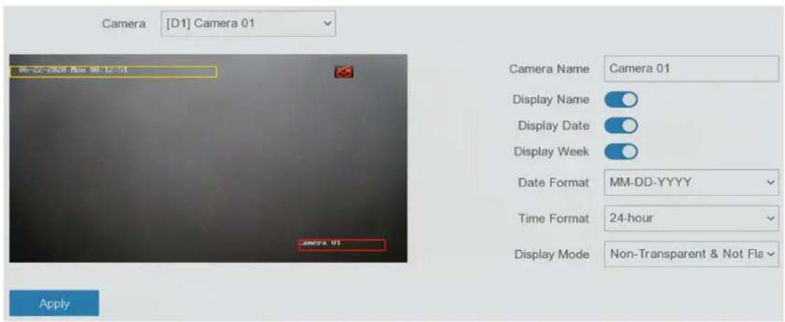 Camera [D1] Camera 01 66-22-2009 Fox 88 12:51 Camera 01 Apply Camera Name Camera 01 Display Name Display Date Display Week Date Format MM-DD-YYYY Time Format 24-hour Display Mode Non-Transparent & Not Fla