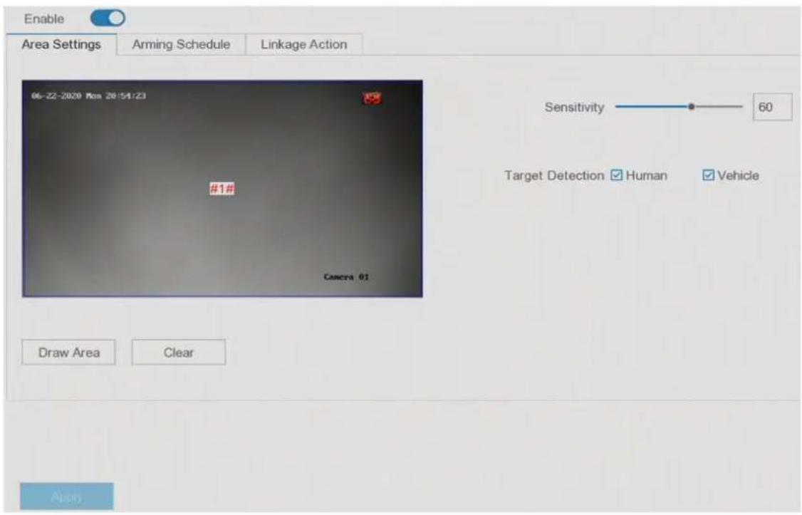 Enable Area Settings Arming Schedule Linkage Action 06-22-2020 Mon 20:54:23 #1# Camera 01 Draw Area Clear Sensitivity 60 Target Detection ✓ Human ✓ Vehicle Apply
