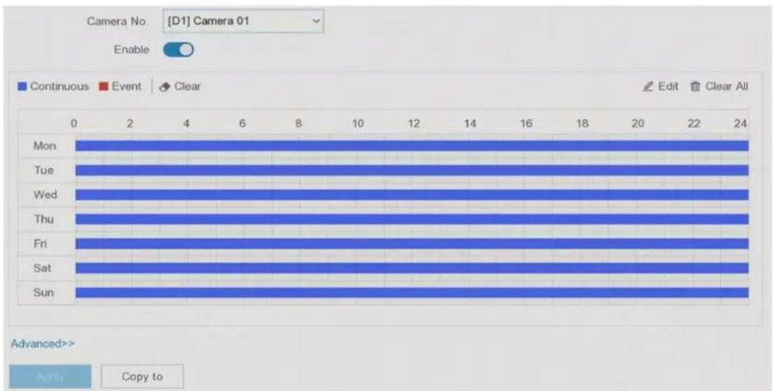 Camera No. [D1] Camera 01 Enable Continuous Event Clear Edit Clear All Mon Tue Wed Thu Fri Sat Sun Advanced>> Copy to