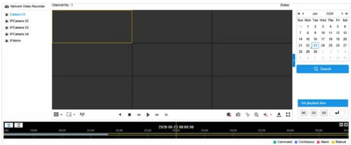 Network Video Recorder Channel No. 1 Status: Camera 01 IPCamera 02 IPCamera 03 IPCamera 04 IPdome Sun Mon Tue Wed Thu Fri Sat 11 1 2 3 4 5 6 7 8 9 10 11 12 13 14 15 16 17 18 19 20 21 22 23 24 25 26 27 28 29 30 4 5 6 Search Set playback time 00 : 00 : 00 Command Continuous Alarm Manual 2020-06-23 00:00:00