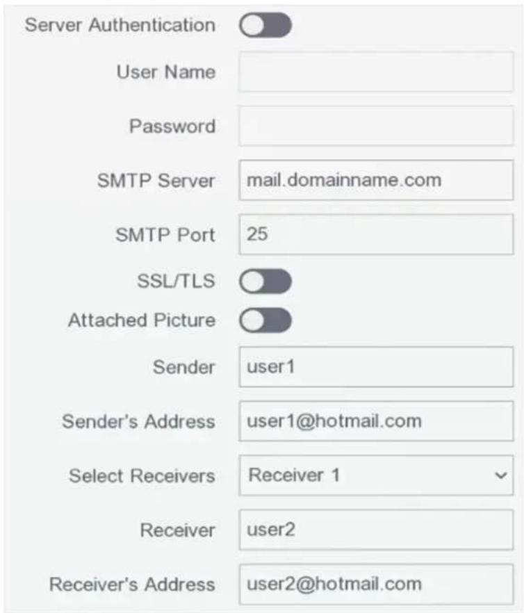 Server Authentication User Name Password SMTP Server mail.domainname.com SMTP Port 25 SSL/TLS Attached Picture Sender user1 Sender's Address user1@hotmail.com Select Receivers Receiver 1 Receiver user2 Receiver's Address user2@hotmail.com