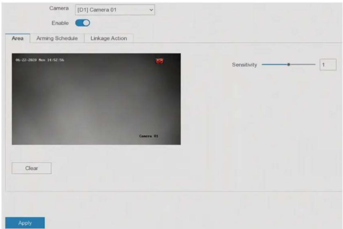 Camera [D1] Camera 01 Enable Area Arming Schedule Linkage Action 06-22-2020 Mon 14:52:56 Sensitivity 1 Camera 01 Clear Apply
