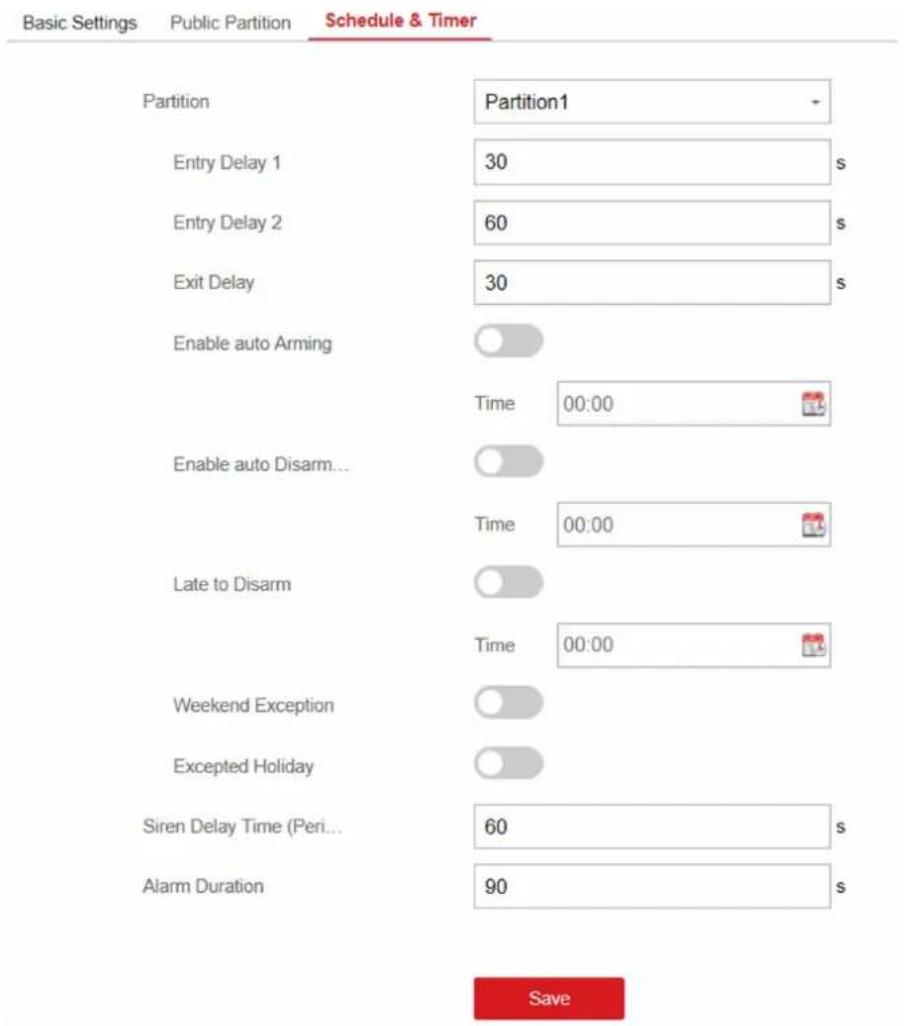 Basic Settings Public Partition Schedule & Timer Partition Partition1 Entry Delay 1 30 s Entry Delay 2 60 s Exit Delay 30 s Enable auto Arming Time 00:00 Enable auto Disarm... Time 00:00 Late to Disarm Time 00:00 Weekend Exception Exceptional Exceptional Siren Delay Time (Peri... 60 s Alarm Duration 90 s Save