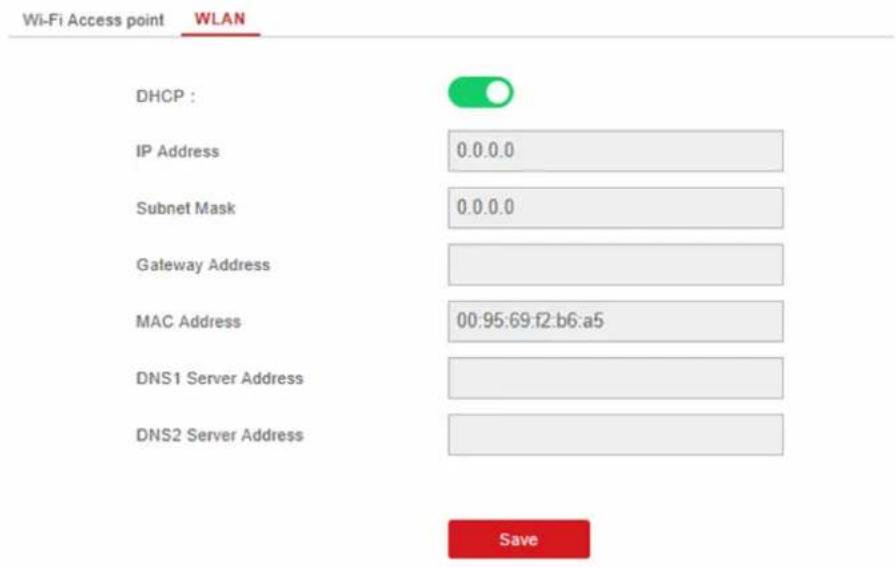 Wi-Fi Access point WLAN DHCP : IP Address 0.0.0.0 Subnet Mask 0.0.0.0 Gateway Address MAC Address 00:95:69:f2:b6:a5 DNS1 Server Address DNS2 Server Address Save