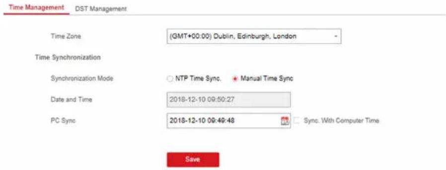 Time Management DST Management Time Zone (GMT+00:00) Dublin, Edinburgh, London Time Synchronization Synchronization Mode ○ NTP Time Sync. + Manual Time Sync Date and Time 2018-12-10 09:50:27 PC Sync 2018-12-10 09:49:48 Sync. With Computer Time Save