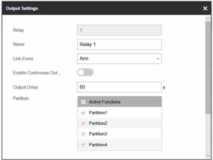Output Settings Relay 1 Name Relay 1 Link Event Arm Enable Continuous Out... Output Delay 60 s Partition Active Functions Partition1 Partition2 Partition3 Partition4