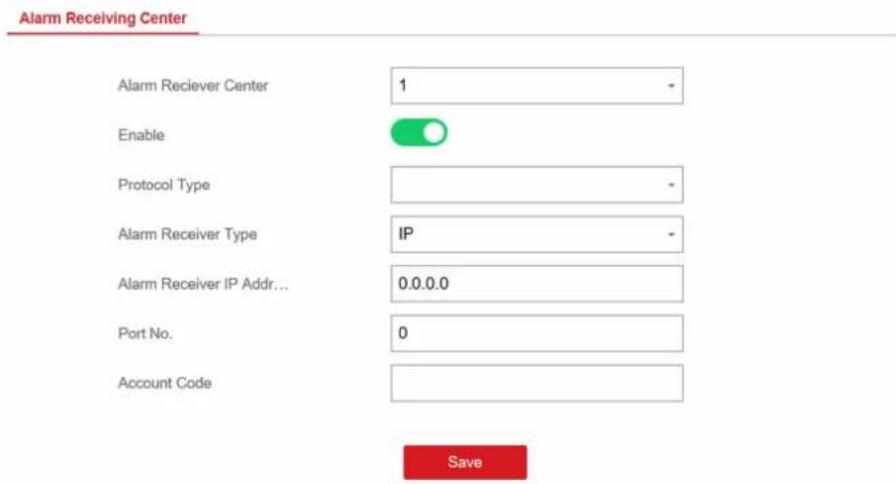 Alarm Receiving Center Alarm Receiver Center 1 - Enable Protocol Type - Alarm Receiver Type IP - Alarm Receiver IP Addr... 0.0.0.0 Port No. 0 Account Code Save