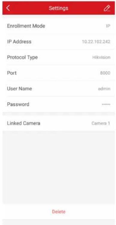 Settings Enrollment Mode IP IP Address 10.22.102.242 Protocol Type Hikvision Port 8000 User Name admin Password ...... Linked Camera Camera 1 Delete