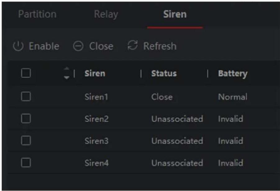 Partition Relay Siren Enable Close Refresh Siren Status Battery Siren1 Close Normal Siren2 Unassociated Invalid Siren3 Unassociated Invalid Siren4 Unassociated Invalid
