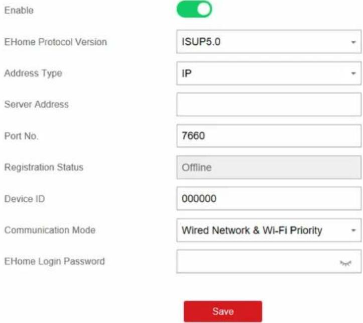 Enable EHome Protocol Version ISUP5.0 Address Type IP Server Address Port No. 7660 Registration Status Offline Device ID 000000 Communication Mode Wired Network & Wi-Fi Priority EHome Login Password Save
