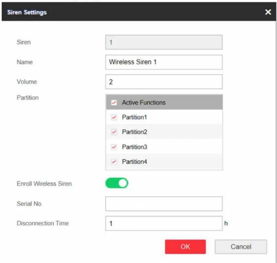 Siren Settings Siren 1 Name Wireless Siren 1 Volume 2 Partition ✓ Active Functions ✓ Partition1 ✓ Partition2 ✓ Partition3 ✓ Partition4 Enroll Wireless Siren ✓ Serial No. Disconnection Time 1 h OK Cancel