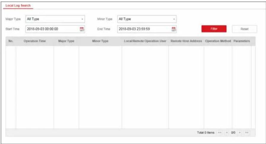 Local Log Search Major Type All Type Minor Type All Type Start Time 2018-09-03 00:00:00 End Time 2018-09-03 23:59:59 Filter Reset No. Operation Time Major Type Minor Type Local/Remote Operation User Remote Host Address Operation Method Parameters Total D Items 0/0