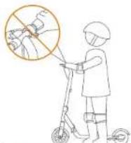 Illustration showing a person using a scooter with a hand gesture and a magnified inset of the leg mechanism.
