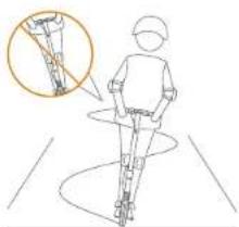 Diagram showing a person using a walking stick with a magnified inset highlighting the knee joint area.