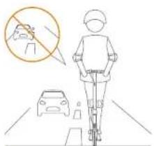 Diagram showing a person riding a bicycle with a car collision and a thought bubble indicating a traffic violation or hazard.