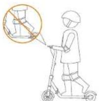 Illustration showing a person using a scooter with a magnified inset of the seatbelt mechanism.