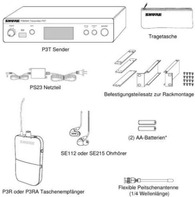 SHURE P8000 Transmitter P3T P3T Sender PS23 Netzteil Befestigungsteilesatz zur Rackmontage (2) AA-Batterien* SE112 oder SE215 Ohrhörer P3R oder P3RA Taschenempfänger Flexible Peitschenantenne (1/4 Wellenlänge) SHURE Tragetasche