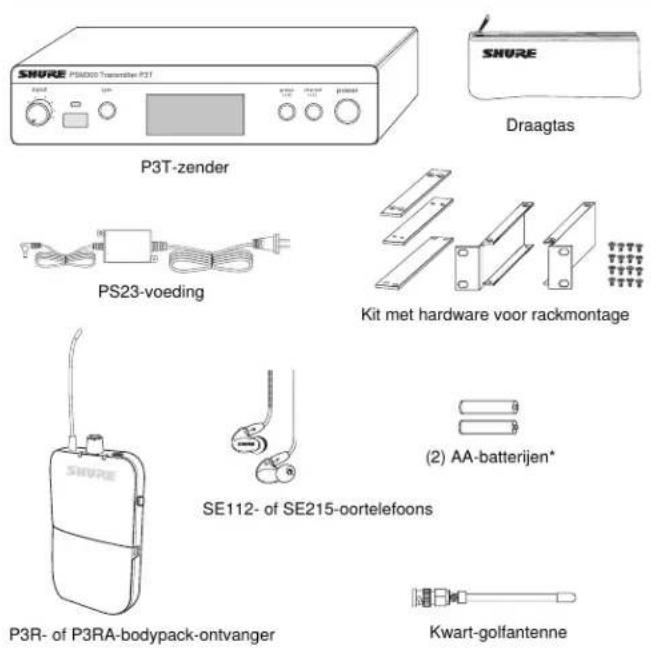 SHURE PS4000 Transistor P3T P3T-zender Draagtas PS23-voeding Kit met hardware voor rackmontage (2) AA-batterijen* SE112- of SE215-oortelefoons P3R- of P3RA-bodypack-ontvanger Kwart-golfantenne