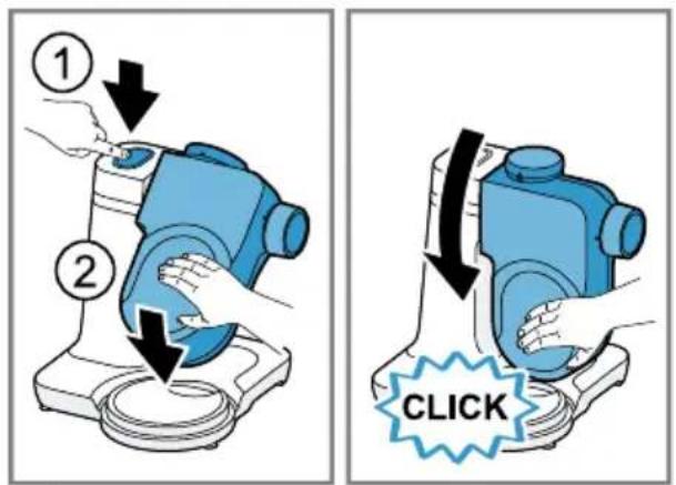 Diagram illustrating two steps of a device press or cleaning process, labeled with numbered instructions and a 'CLICK' button.