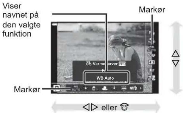 Viser navnet på den valgte funktion Markør WB Auto Markør eller