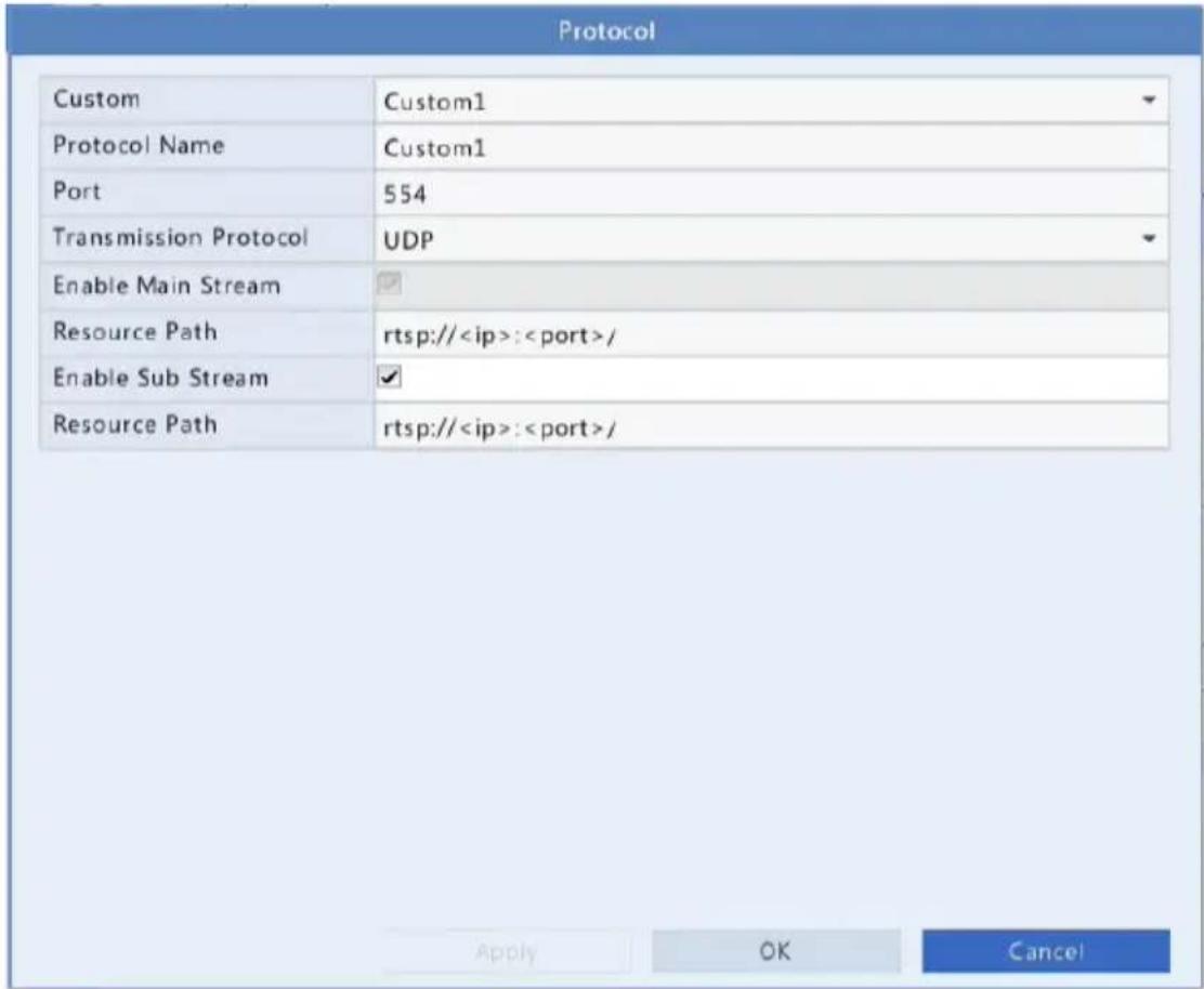 Protocol Custom Custom1 Protocol Name Custom1 Port 554 Transmission Protocol UDP Enable Main Stream Resource Path rtsp://:/ Enable Sub Stream Resource Path rtsp://:/ Apply OK Cancel