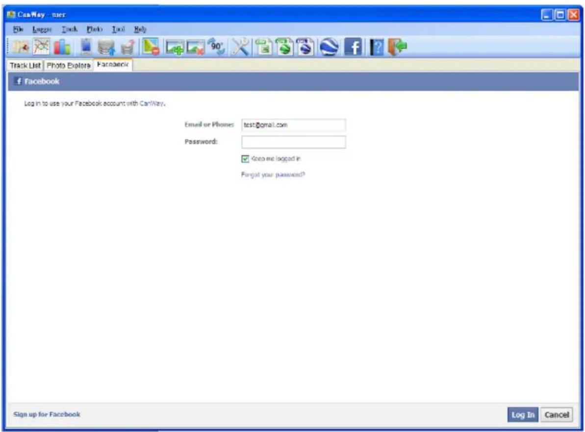 CanWay - user File Luggage Pack Photo Tools Help Track List Photo Explora Facebook Facebook Log In to use your Facebook account with CanWay. Email or Phones: test@gmail.com Password: ✓ Keep me logged in Forgot your password? Sign up for Facebook Log In Cancel