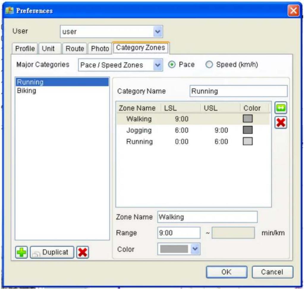 Preferences User user Profile Unit Route Photo Category Zones Major Categories Pace / Speed Zones Pace Speed (km/h) Running Biking Category Name Running Zone Name LSL USL Color Walking 9:00 Jogging 6:00 9:00 Running 0:00 6:00 Zone Name Walking Range 9:00 ~ min/km Color Duplicate OK Cancel
