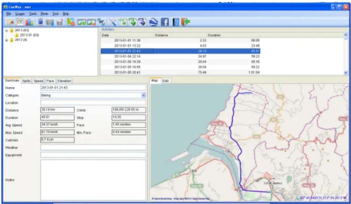CanWay - wtr File Links Lock Dots Tool Help 2013 (83) 2013-01 (83) 2012 (4) Activities Date Distance Duration 2013-01-01 11:36 2:32 08:05 2013-01-01 13:22 4:03 23:49 2013-01-01 21:43 28:18 45:51 2013-01-04 22:14 34:97 59:23 2013-01-05 14:29 28:04 58:16 2013-01-05 16:55 28:04 59:22 2013-01-05 20:42 75:46 1:01:04 Summary Spits Speed Pace Elevation Name 2013-01-01 21-43 Category Being Location Distance 26.18 km Climb 166.85x 228.55 m Duration 45.51 Step 18.35 Avg. Speed 34.37 km/h Pace 1.45 min/km Max. Speed 91.78 km/h Min. Pace 0.44 min/km Calories 0.7 kcal Weather Equipment Notes Map Edit A Open View http://Map.dwg/2013 OpenView http 80° 45.54°45'N_113" 33.20'12"W