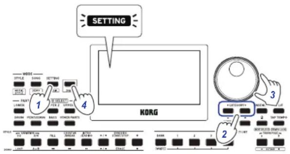 SETTING MODE STYLE 1 SOUND SETTING STYLE 2 PART RUNCH PONSOLIDATE BACK OTHER/PARTS KORG PARTS 3 TAP TEMPO 2 TITLE 0.0000 (MASCULAR) 0.0000 (TAX) 0.0000 (SPRING)