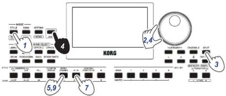 MODE STYLE 1 SONG SETTING TIME 4 LOAD LOWD WAND SELECT UPPER 2 UPPER DRUM PONS/SSION BASS OTHER PARTS KORG 2,4 STYLE + / = VINTIN 2/3 1/2 3/4 FULL COUNT IN UPPER PONS/ STANDING + / = 2/8/0/0 START/STOP 7 SANS LOOP A=0 - 5,9 SET LIST BASE 1 2 3 4 [WRITE] ENSEMBLE SPLIT TAP 1 GREAT SELECT CTEMP. + TRANSFER - STOP 1 - NONE