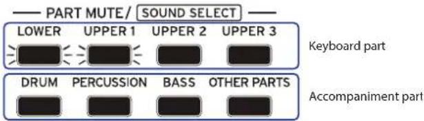 PART MUTE/ SOUND SELECT LOWER UPPER 1 UPPER 2 UPPER 3 Keyboard part DRUM PERCUSSION BASS OTHER PARTS Accompaniment part