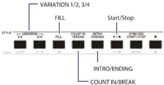 VARIATION 1/2, 3/4 FILL Start/Stop STYLE VARIATION 1/2 3/4 FILL COUNT IN /BREAK INTRO /ENDING • / • SYNCHRO START/STOP • SONG LOOP A-0 • / • • / • • / • INTRO/ENDING COUNT IN/BREAK