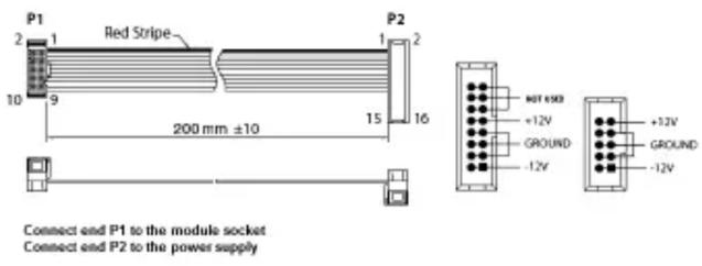 P1 Red Stripe 2 1 2 10 9 200 mm ±10 P2 1 2 15 16 HOT 450V +12V GROUND -12V +12V GROUND -12V Connect and P1 to the module socket Connect and P2 to the power supply