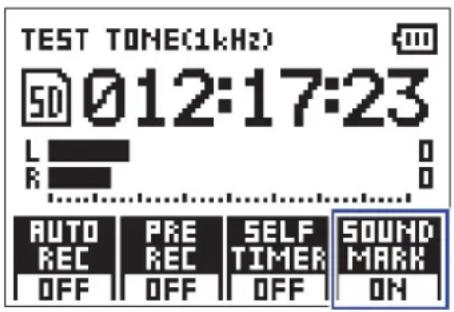 TEST TONE(1kHz) 50 012:17:23 L R AUTO REC PRE REC SELF TIMER SOUND MARK ON OFF OFF OFF OFF ON