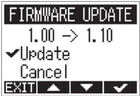 FIRMWARE UPDATE 1.00 -> 1.10 ✓Update Cancel EXIT ▲ ▼ ✓