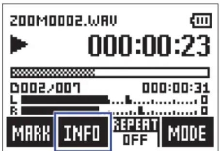 200M0002.WAV 000:00:23 0002/007 000:00:31 L E MARK INFO REPEAT OFF MODE