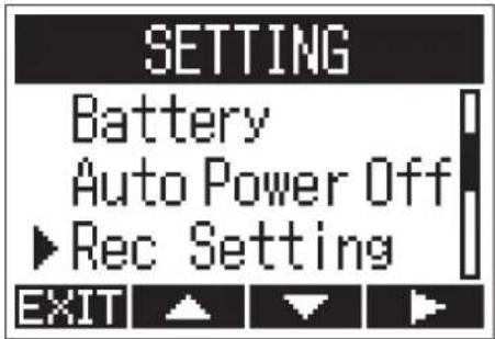 SETTING Battery Auto Power Off ▶ Rec Setting EXIT