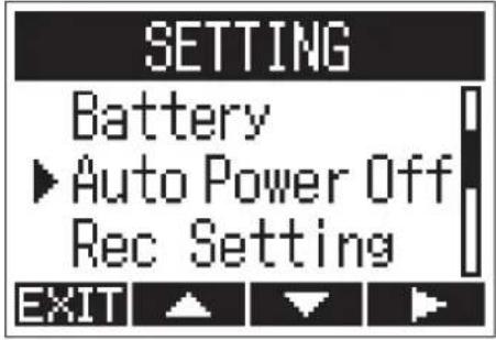 SETTING Battery ▶ Auto Power Off Rec Setting EXIT