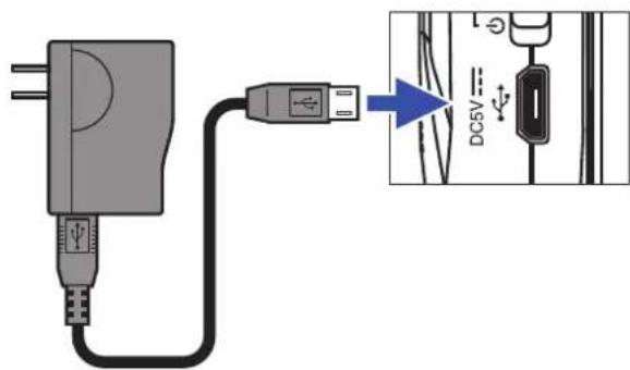 Diagram showing a connected charger with USB cable and a close-up of its internal cable with DC5V label and connector symbol.