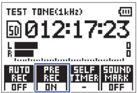 TEST TONE(1kHz) 50 012:17:23 L R AUTO REC OFF PRE REC ON SELF TIMER - SOUND MARK OFF