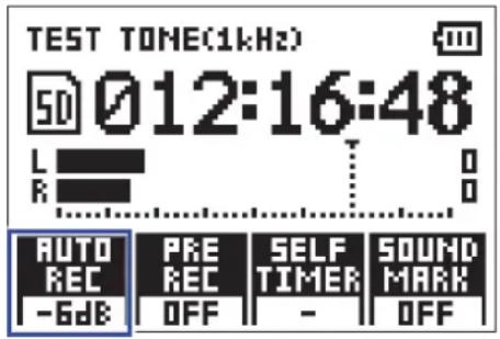 TEST TONE(1kHz) 50 012:16:48 L R AUTO REC -6dB PRE REC OFF SELF TIMER - SOUND MARK OFF