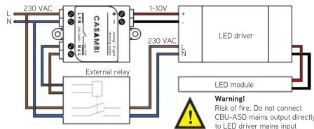 230 VAC L N CASAMBI 1-10V + - 230 VAC External relay LED driver L N LED module Warning! Risk of fire. Do not connect CBU-ASD mains output directly to LED driver mains input