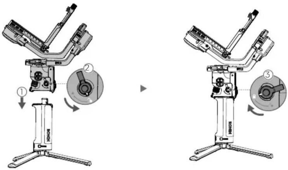 Technical diagram showing three stages of a mechanical device with labeled parts and directional arrows indicating assembly or operation.