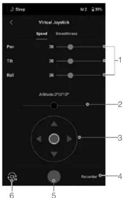 Sleep M 2 39% Virtual Joystick Speed Smoothness Pan 30 Tilt 30 Roll 30 Attitude:3°10'10" Recenter 1 2 3 4 5 6