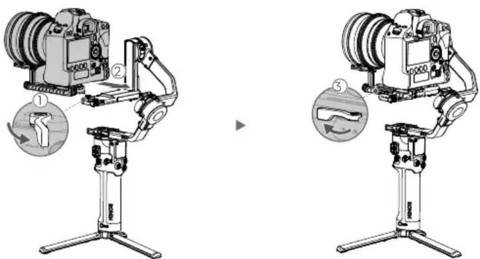 Technical diagram showing three stages of a camera setup with labeled components and directional arrows indicating motion or movement.